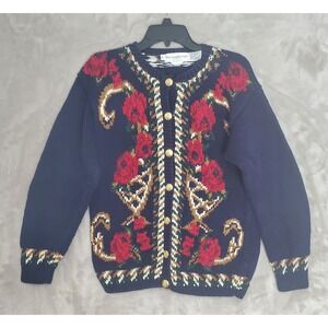 Vintage Eagles Eye Sweater‎ Womens S Dramatic Navy Floral Cardigan Buttons EUC
